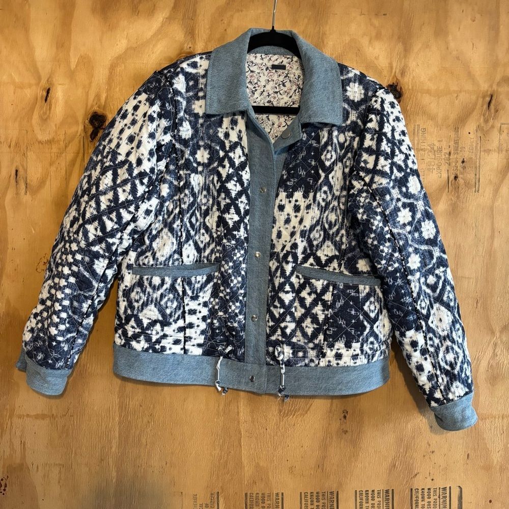 Blank NYC Blue Reversible Denim Trimmed Patchwork Jacket Boxy S